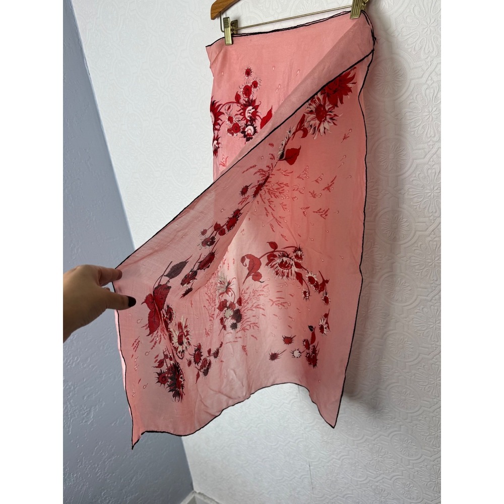 Vintage Pink Silk Scarf Red Sunflower Floral Print Sheer Rectangular Wrap Scarf